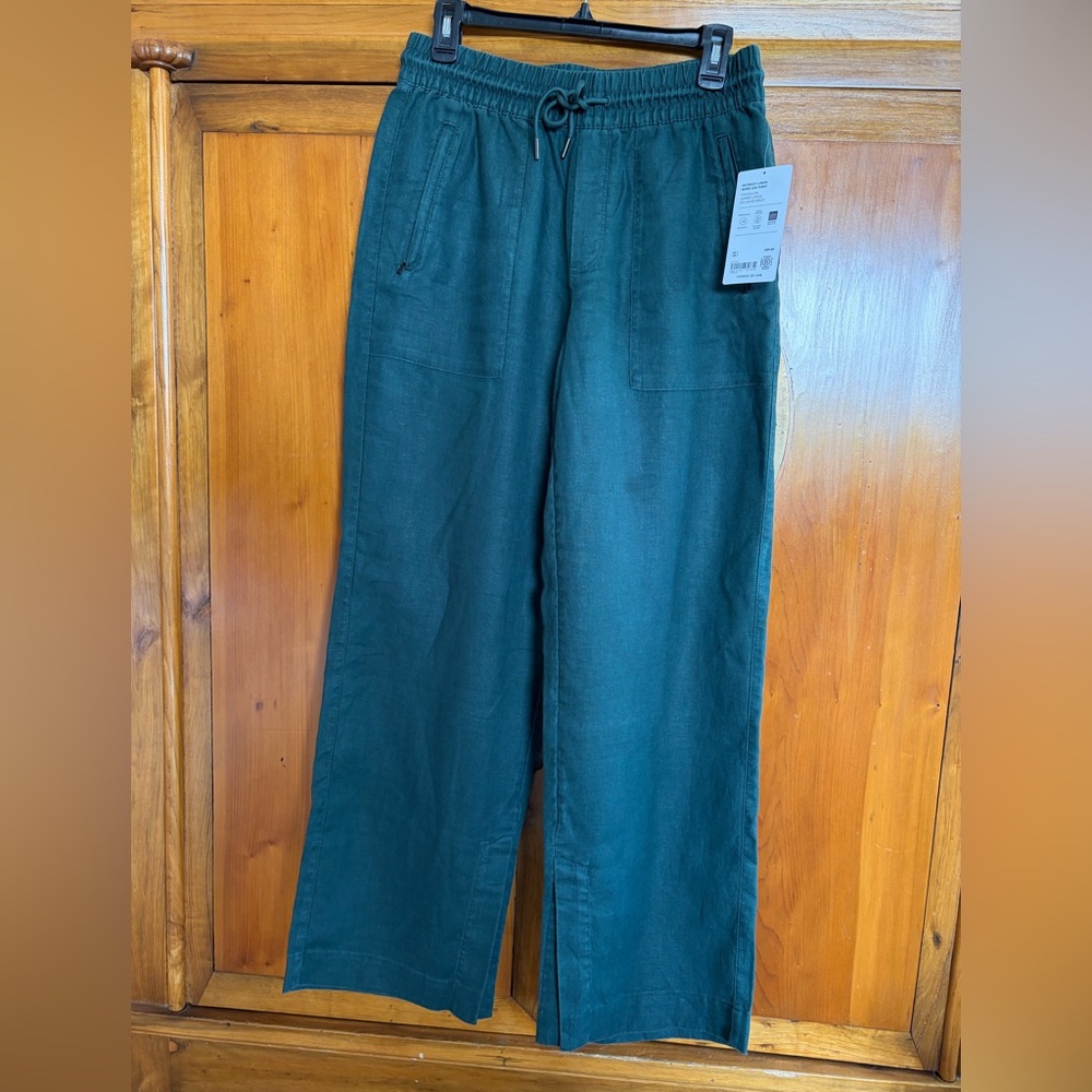 NWT Athleta Retreat Linen High Rise Wide Leg Pant in Pine with a relaxed fit. - Picture 6 of 8
